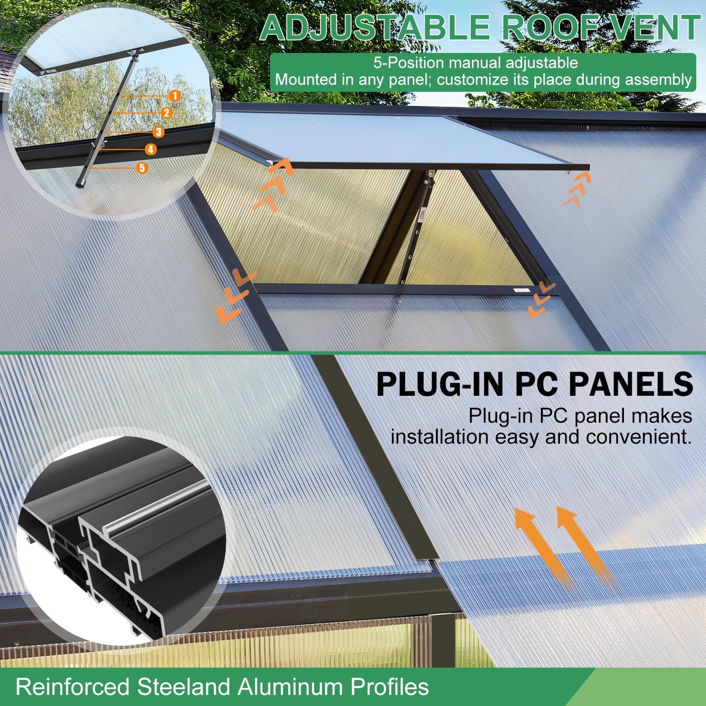 CDCASA 8.2x6.2 FT Greenhouse for Outdoors, Easy Assembly Aluminum Heavy Duty Polycarbonate Greenhouses w/Vent Window, Swing Door, Walk-in Green House for Sunroom Patio, Backyard, Garden,Black