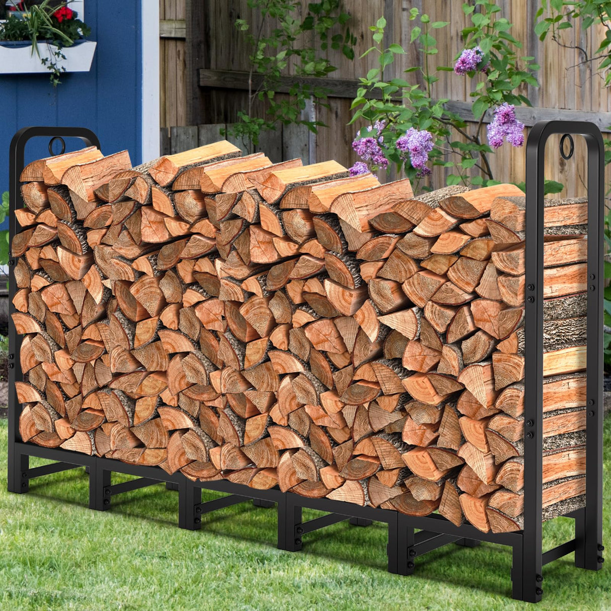 AMAGABELI GARDEN & HOME 6ft Firewood Log Rack Outdoor Log Holder for Fireplace Heavy Duty Wood Stacker Pit for Patio Logs Storage Steel Tubular Wood Pile Rack Tool Accessories Black AMAGABELI GARDEN & HOME