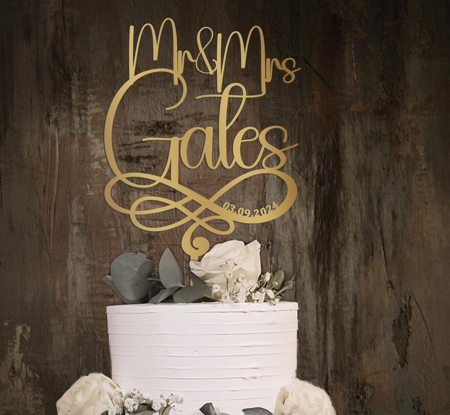 Personalized Rustic Infinity wedding Cake Topper- Custom Gold cake topper for wedding - WoodArtSupply