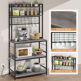 Shintenchi Bakers Rack with Power Outlet, Large Storage Space, 10 Hooks Coffee Bar with Metal Wire Panel, High Microwave Stand, Classic Kitchen Storage Shelf Design, Grey Shintenchi