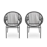 Janusline Outdoor Modern Faux Rattan Club Chair, Bistro Outside Chairs Set of 2, Stackable Cafe Arm Chairs, All-Weather Conversation Bistro Outside Club Chair Set for Patio Lawn Garden, Black Janusline