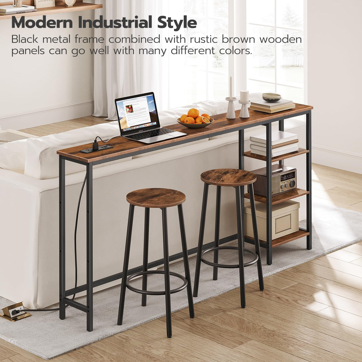 HOOBRO Rustic Brown and Black Console Table with Power Outlet and Shelves, 63" Multifunctional Sofa Table for Home Office and Entryway HOOBRO