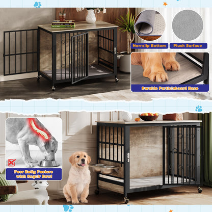 37.4'' Dog Crate Furniture, Wooden Dog Kennel End Table with Cushion, Rolling Casters, and 2 Bowls, Heavy Duty Dog Crate TV Stand for Medium Dog, 37''L x 24''W x 29''H, Inner Height 24'', Greige