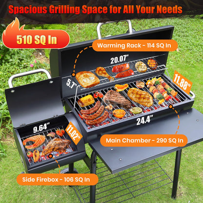 Realcook Charcoal Grills with Offest Smokers: Spacious Barrel Charcoal BBQ Grill | Barbecue Smoker Grill Combo for Outdoor Backyard Patio Camping Picnic and Party