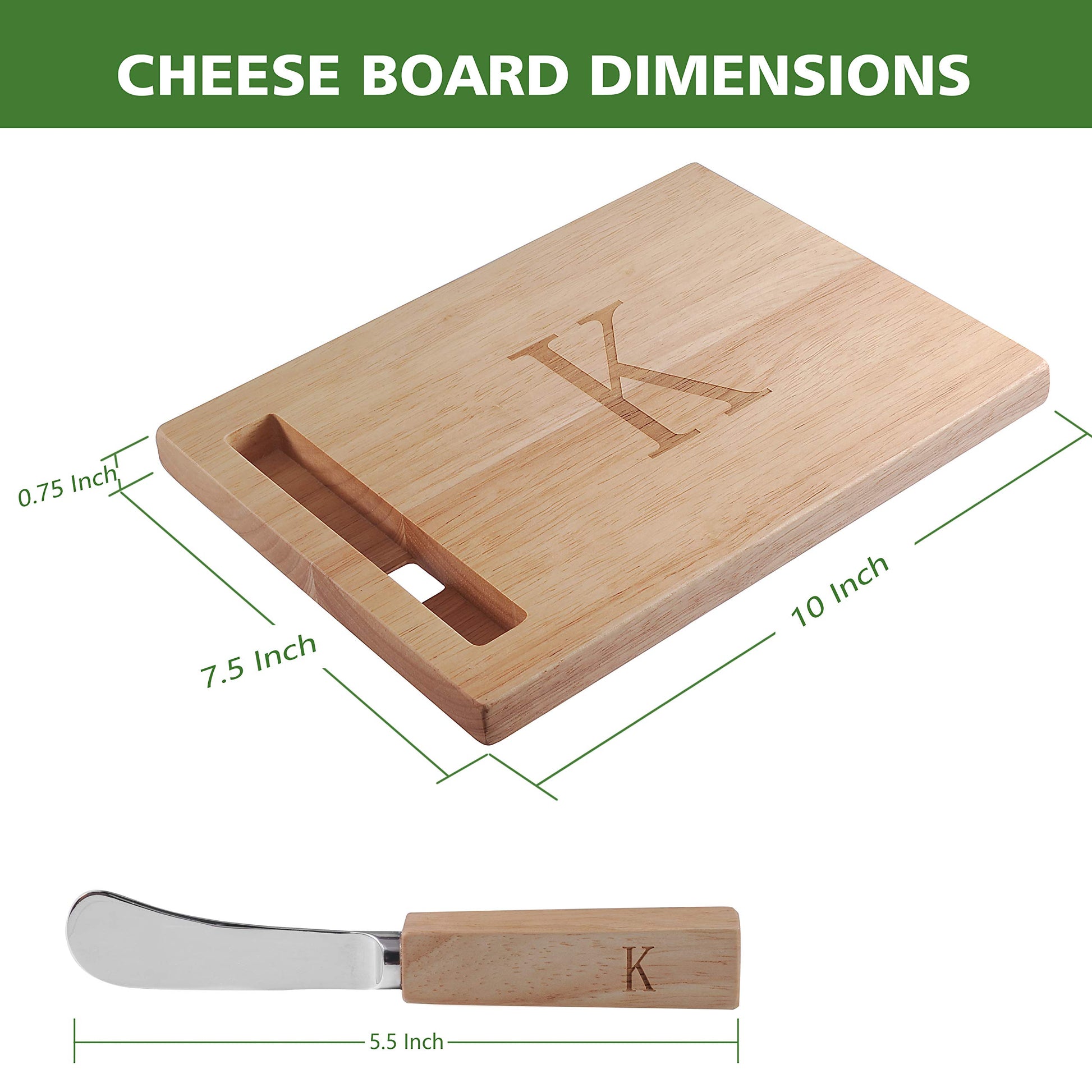 Monogram Oak Wood Cheese Board With Spreader, K-Initial (K) - WoodArtSupply