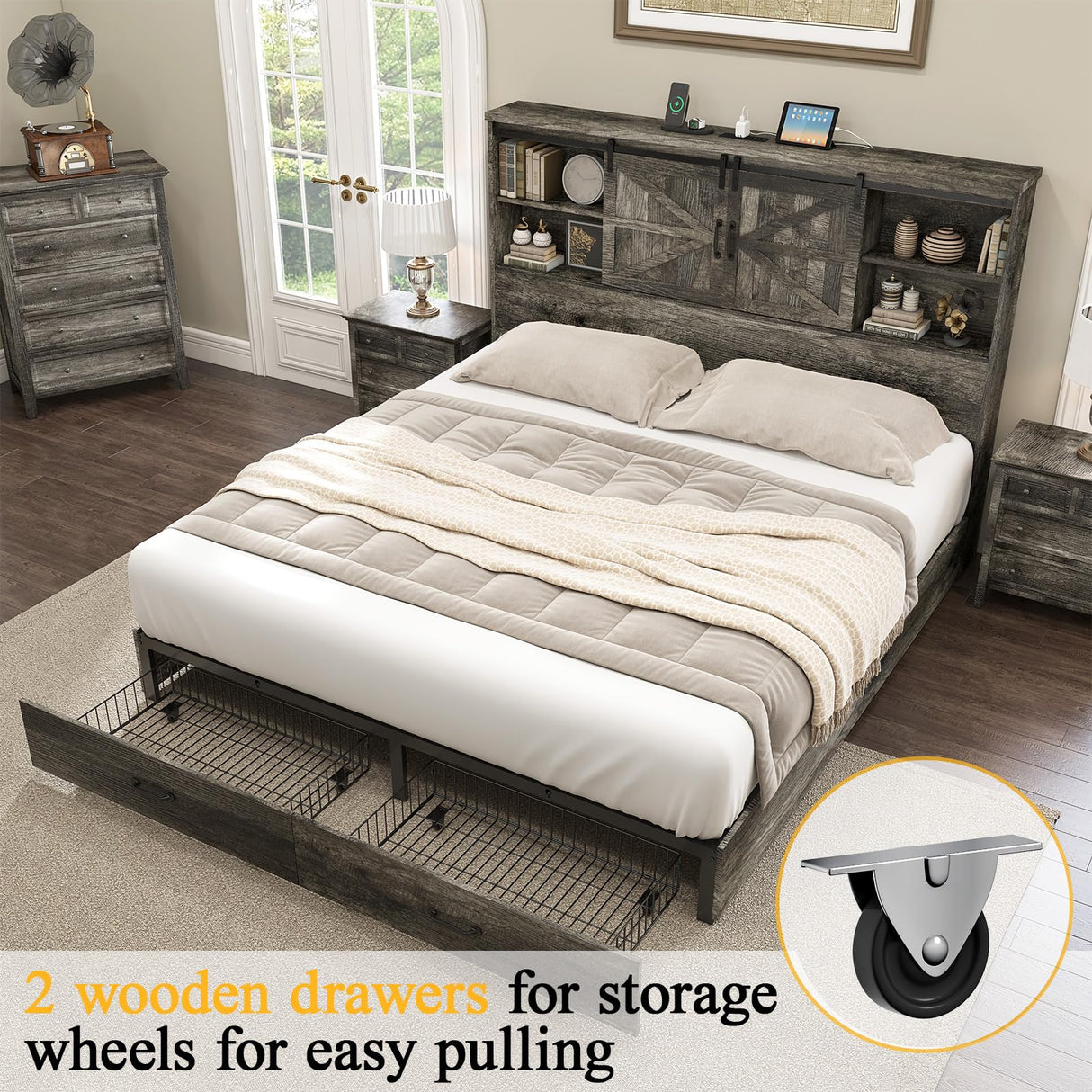 HOWE Queen Size Wood Platform Bed Frame with 51.2" Bookcase Headboard, Storage Bed with Sliding Barn Door Charging Station 2 Drawers, No Box Spring Needed/Noise Free/Farmhouse/Rustic Grey HOWE
