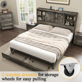 HOWE Queen Size Wood Platform Bed Frame with 51.2" Bookcase Headboard, Storage Bed with Sliding Barn Door Charging Station 2 Drawers, No Box Spring Needed/Noise Free/Farmhouse/Rustic Grey HOWE