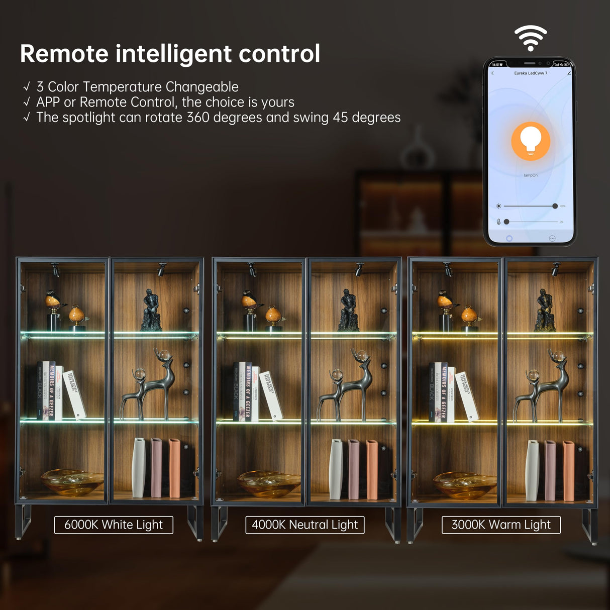 EUREKA ERGONOMIC Curio Cabinet, 2 Adjustable Shelves Display Storage Cabinet with LED Lighting, Tempered Glass Door, Showcase for Collectibles Figurines Home Office Living Room Bedroom, Walnut EUREKA ERGONOMIC