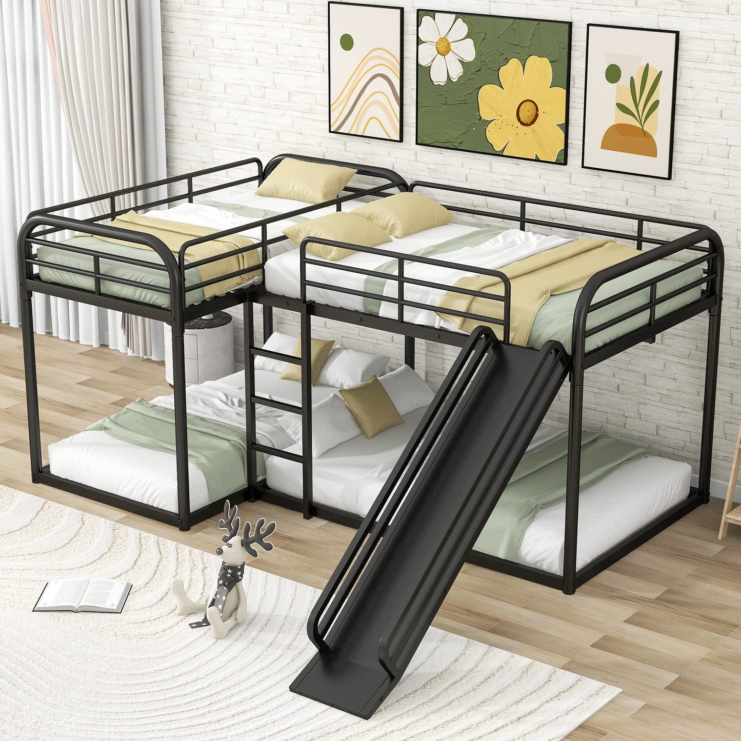 Harper & Bright Designs L Shaped Bunk Bed for 4, Quad Bunk Bed with Slide, Twin/Twin & Full/Full Bunk Bed, Metal Floor Bunk Bed Frame for Kids Teens Girls Boys, No Box Spring Needed (Black)