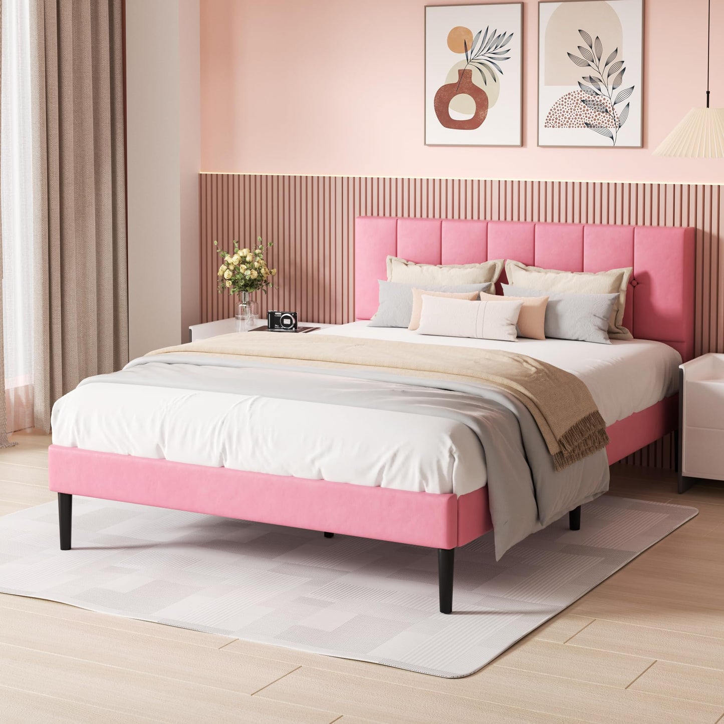 UNIZONE Queen Bed Frame with Button Tufted Headboard, Velvet Upholstered Platform Bed Frame, Mattress Foundation with Wooden Slat Support, Noise Free, No Box Spring Needed, Easy Assembly, Pink