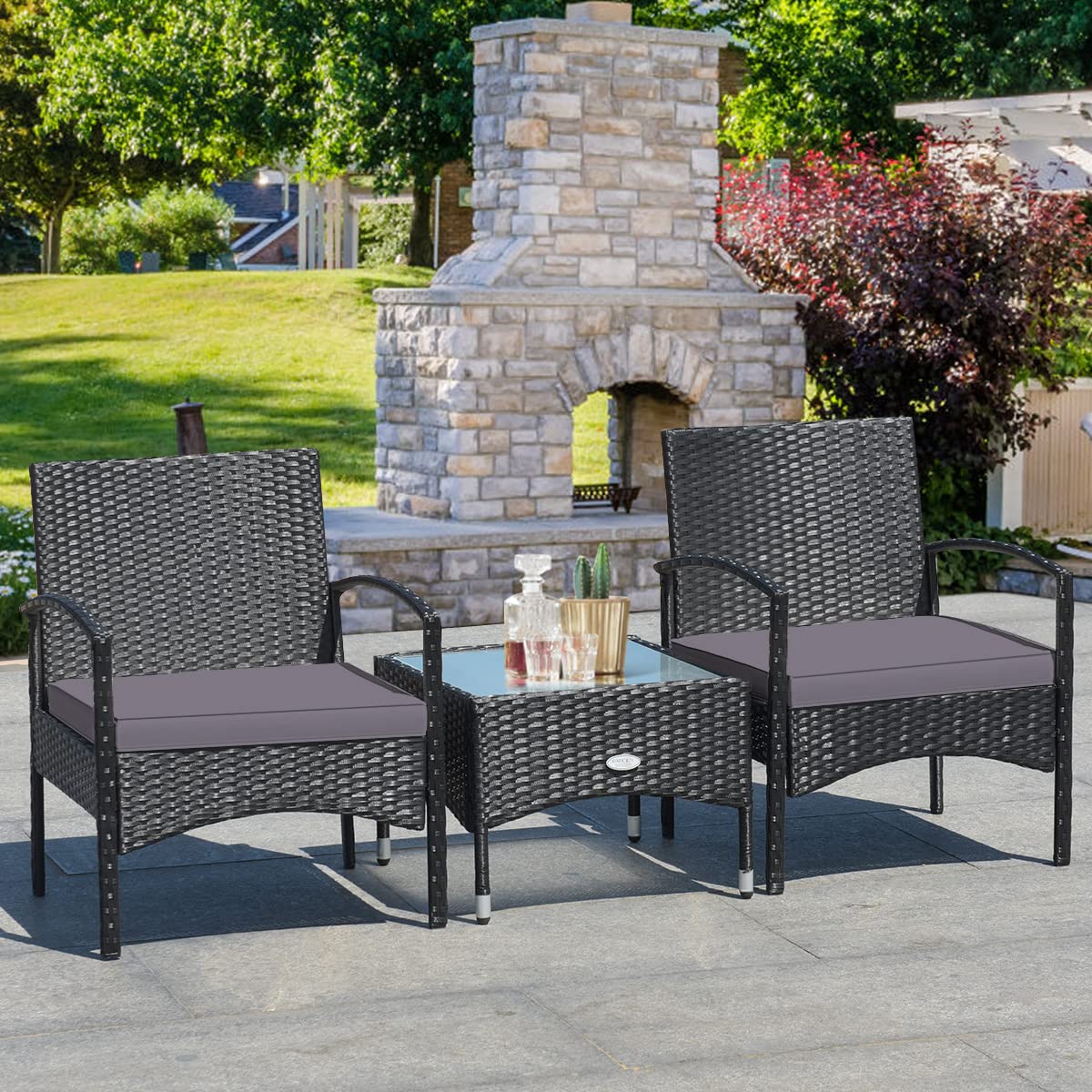 COSTWAY 3 PCS Patio Wicker Conversation Set, PE Rattan Sofa with Tempered Glass Coffee Table, 2 Chairs, 2 Cushions, Outdoor Patio Furniture Set for Yard Porch Bistro Balcony Backyard Pool, Grey COSTWAY