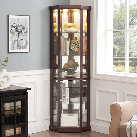 nifoti 69" H Lighted Curio Cabinet Corner Display Case,Corner Glass Cabinet with Tempered Glass Door and Adjustable Shelves,Wooden Corner Curio Cabinet with Mirrored Back Pane (Style 1 - Dark Cherry)