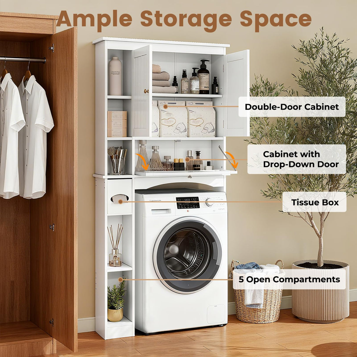 Giantex Over The Toilet Storage Cabinet, 31.5''W Freestanding Space Saver with Doors, Adjustable Shelf & Toilet Paper Holder, Over Toilet Bathroom Organizer for Laundry, Restroom, White Giantex