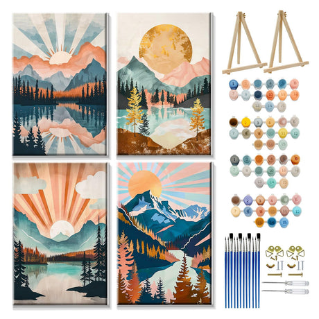 JOOZ 4 Pack Paint by Numbers Kit for Adults with Frame Mountain Paint by Number with Easel Lake Adult Paint by Number Kit on Canvas Framed Sunset Oil Painting Kits for Home Wall Decor 8x12 Inch JOOZ