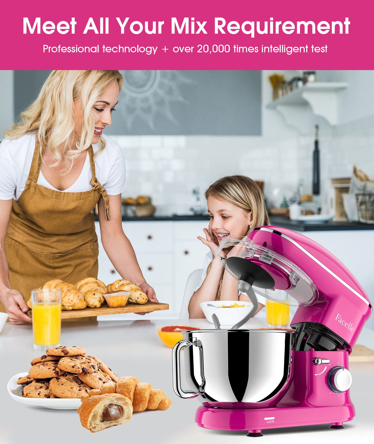 Facelle Stand Mixer, Electric Kitchen Mixer, 660W 6 Speed Tilt-Head stand mixer with Pulse Button, Attachments include 6.5 QT Bowl, Dishwasher Safe Beater, Dough Hook, Whisk & Splash Guard - Purple Facelle