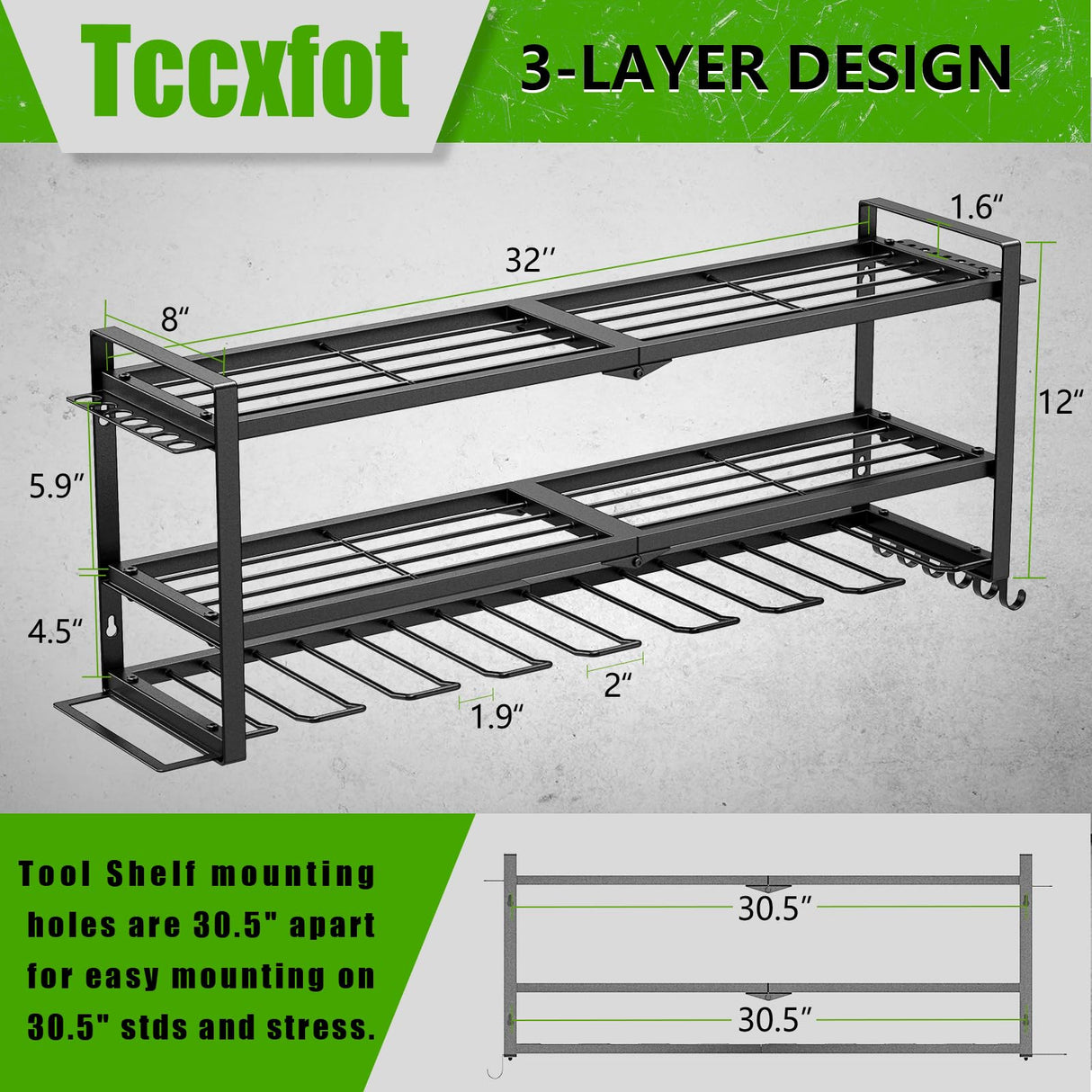 Power Tool Organizer for Tool Storage, 3 Layer 8 Drill Holder Wall Mount, Tool Holder and Storage Rack for Garage Organization, Large Heavy Duty Metal Tool Shelf, Easy Install Utility Storage Rack Tccxfot