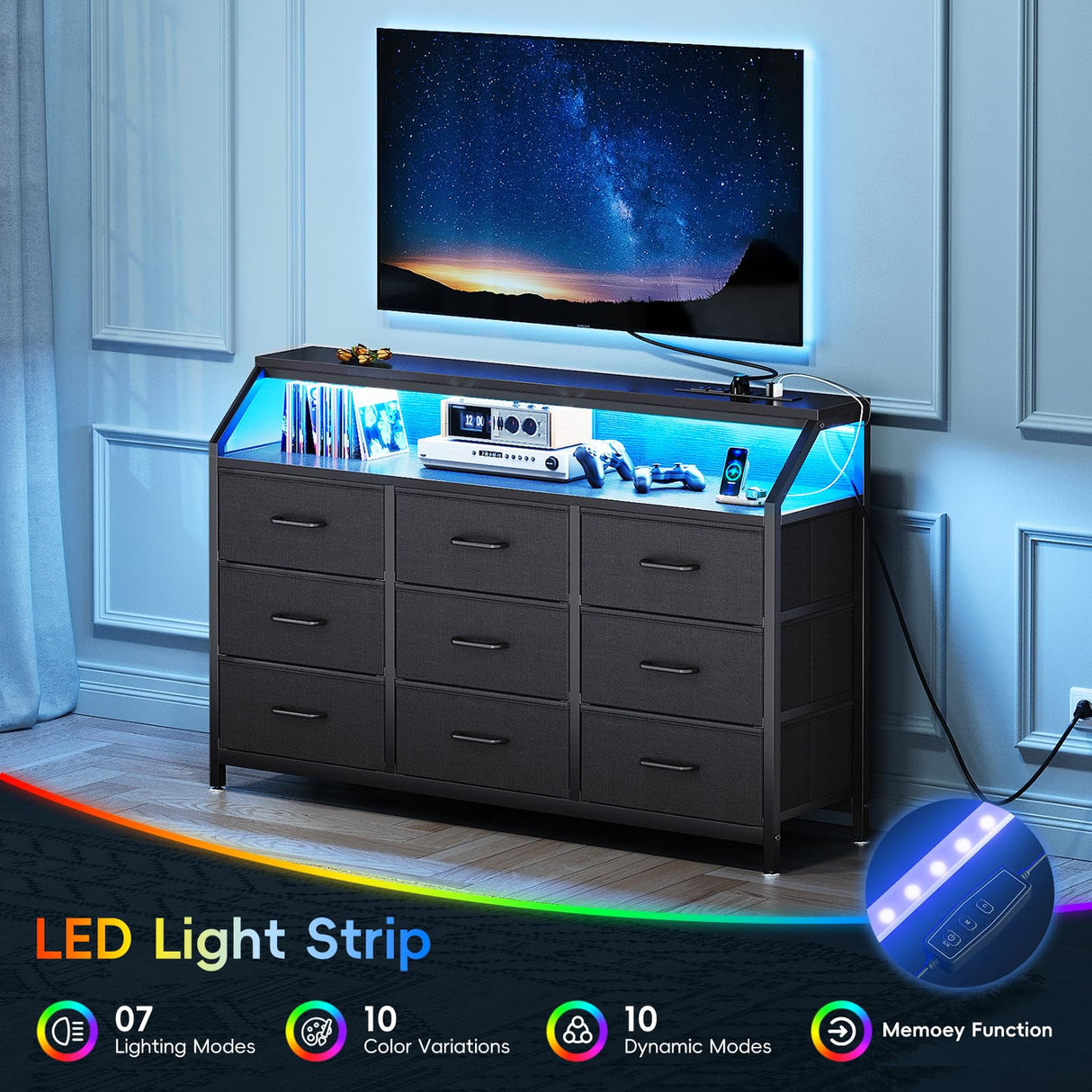 KKL Dresser for Bedroom with LED Lights, 9 Drawer Bedroom Dresser with Charging Station, Fabric Dressers & Storage Chest of Drawers with Shelves for Closet, Sturdy Steel Frame Wooden Top, Black KKL