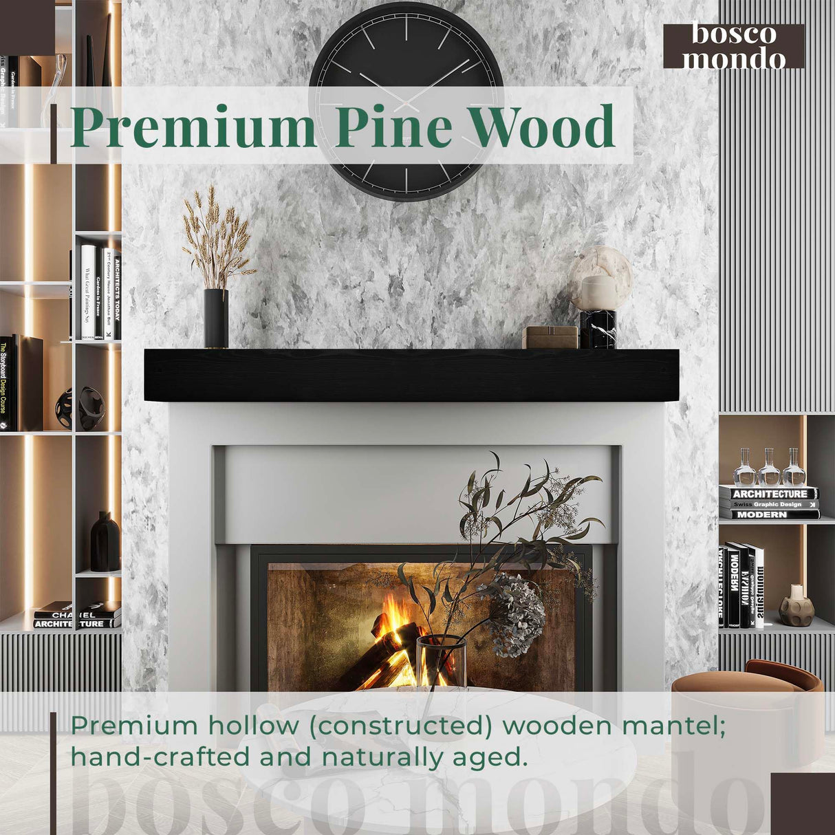 BoscoMondo Fireplace Mantel, Handcrafted Rustic from Solid Pine, Wall-Mounted Floating Farmhouse Shelf - 8x6x60 Deep Black BoscoMondo