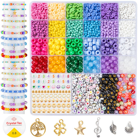 Taybonds Friendship Bracelet Making Kit- 24 Colors Beads Kit for Bracelets with Clay Beads, 4mm Seed Beads, Pony Beads, 8mm Glass Beads, Letter Beads and Charms, Jewelry Making Kit Gift for Girls 6-12 Taybonds
