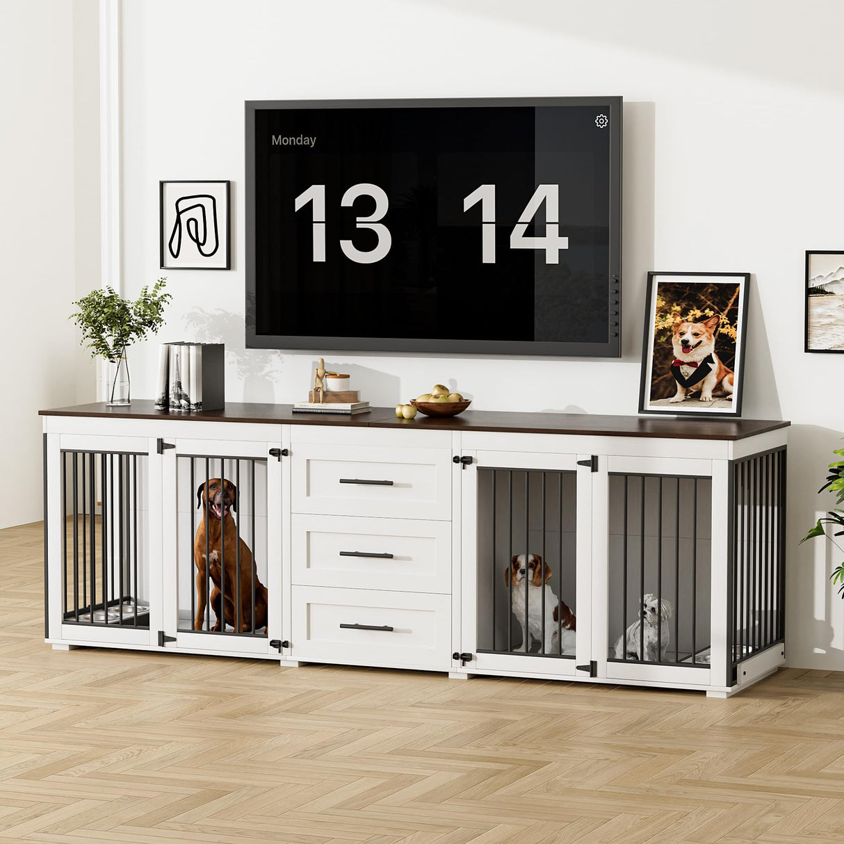 Rophefx 94.5" Dog Crate Furniture for 2 Dogs, Large Dog Kennel Furniture with 3 Storage Drawer, Wooden Dog Cage with 4 Bowls, Indoor Dog House TV Stand with Locks for Large Medium Dog, White Rophefx