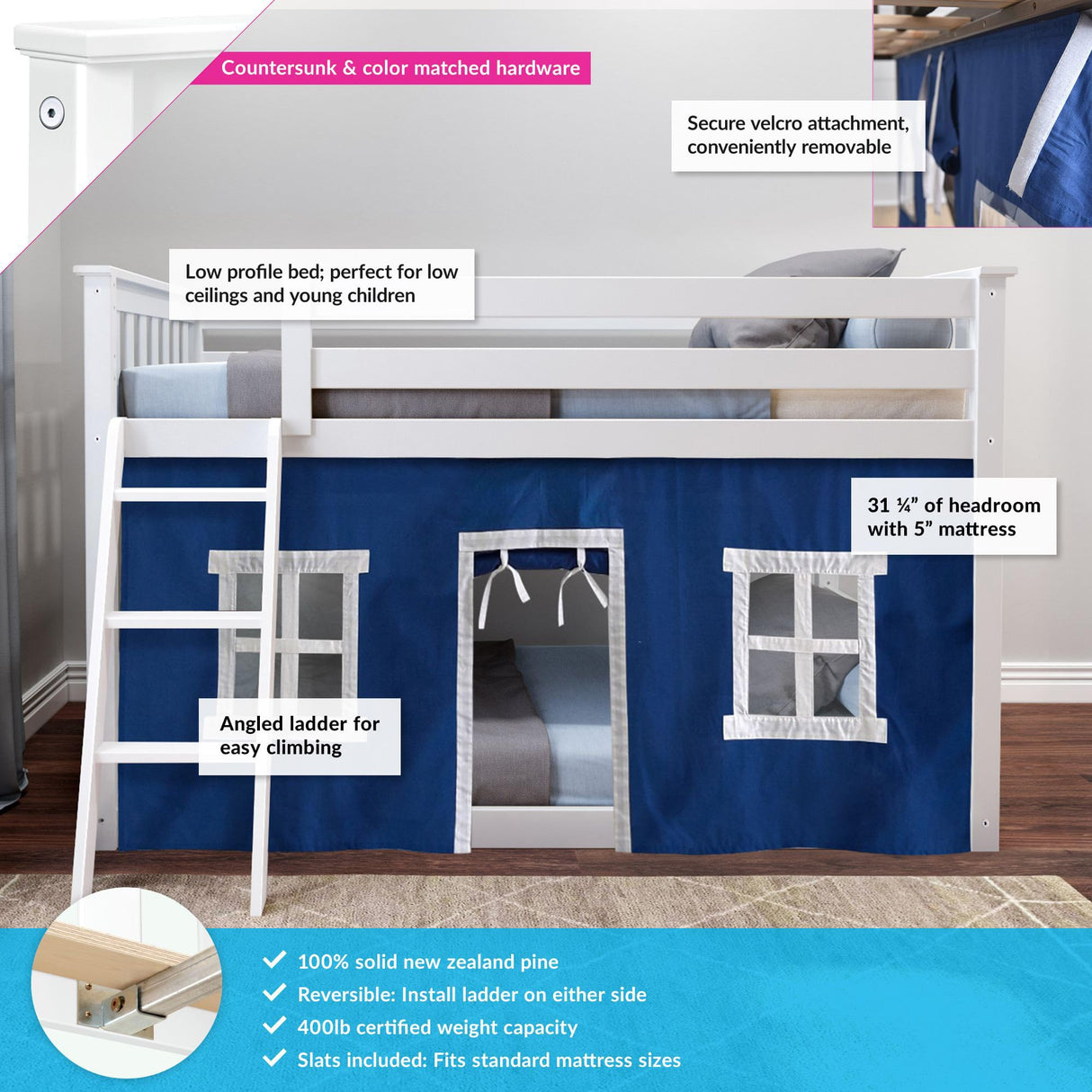 Max & Lily Low Bunk Bed, Twin-Over-Twin Bed Frame For Kids With Curtains For Bottom, White/Blue Max & Lily