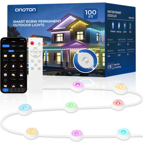 CINOTON Permanent Outdoor Lights 100ft, Smart RGBW+IC Eaves Lights with 60LEDs, IP67 Waterproof, 111 Scene Modes for Daily and Festival, Halloween Christmas Holiday Decor, APP/Voice/Remote Control CINOTON