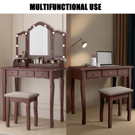NEDYO Vanity Table, Vintage Vanity Desk with Mirror and Lights, Tri-Fold Mirror Small Makeup Vanity with Chair, Vanity Set for Bedroom and Small Spaces. Terracotta NEDYO