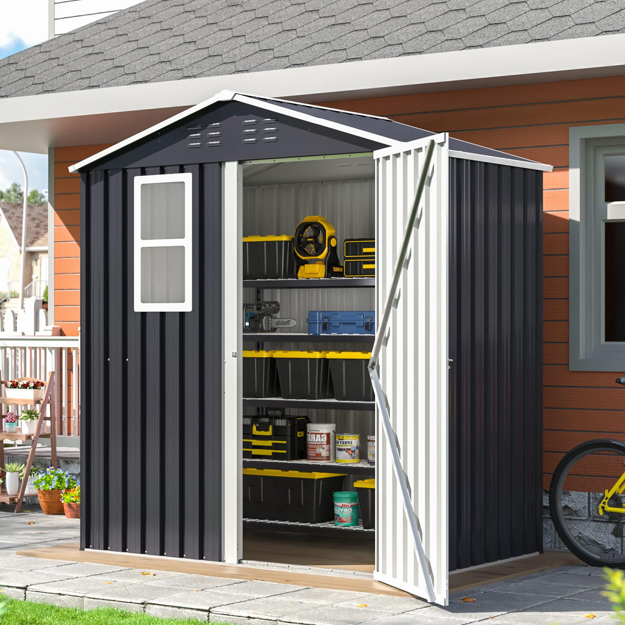 DAUSOLA 5.6x3.5 FT Outdoor Storage Shed, Metal Garden Tool Shed with Updated Frame Structure, Lockable Doors and Windows, Ideal for Backyard Garden Patio Lawn, Grey DAUSOLA