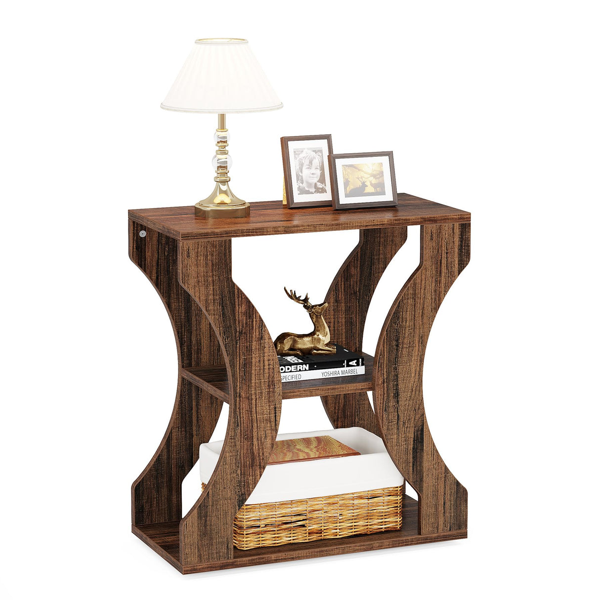 Tribesigns 24" Farmhouse End Table, 3-Tier Side Table with Storage Shelves, Industrial Wood Accent Table, Nightstand Bedside Table for Living Room, Bedroom, Rustic Brown (1PCS) Tribesigns