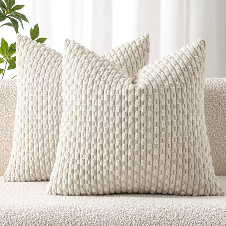 MIULEE Pack of 2 Decorative Throw Pillow Covers 18x18 Inch Soft Boho Striped Textured Corduroy Pillow Covers Modern Farmhouse Home Decor for Couch Bed Sofa Living Room Cream White MIULEE
