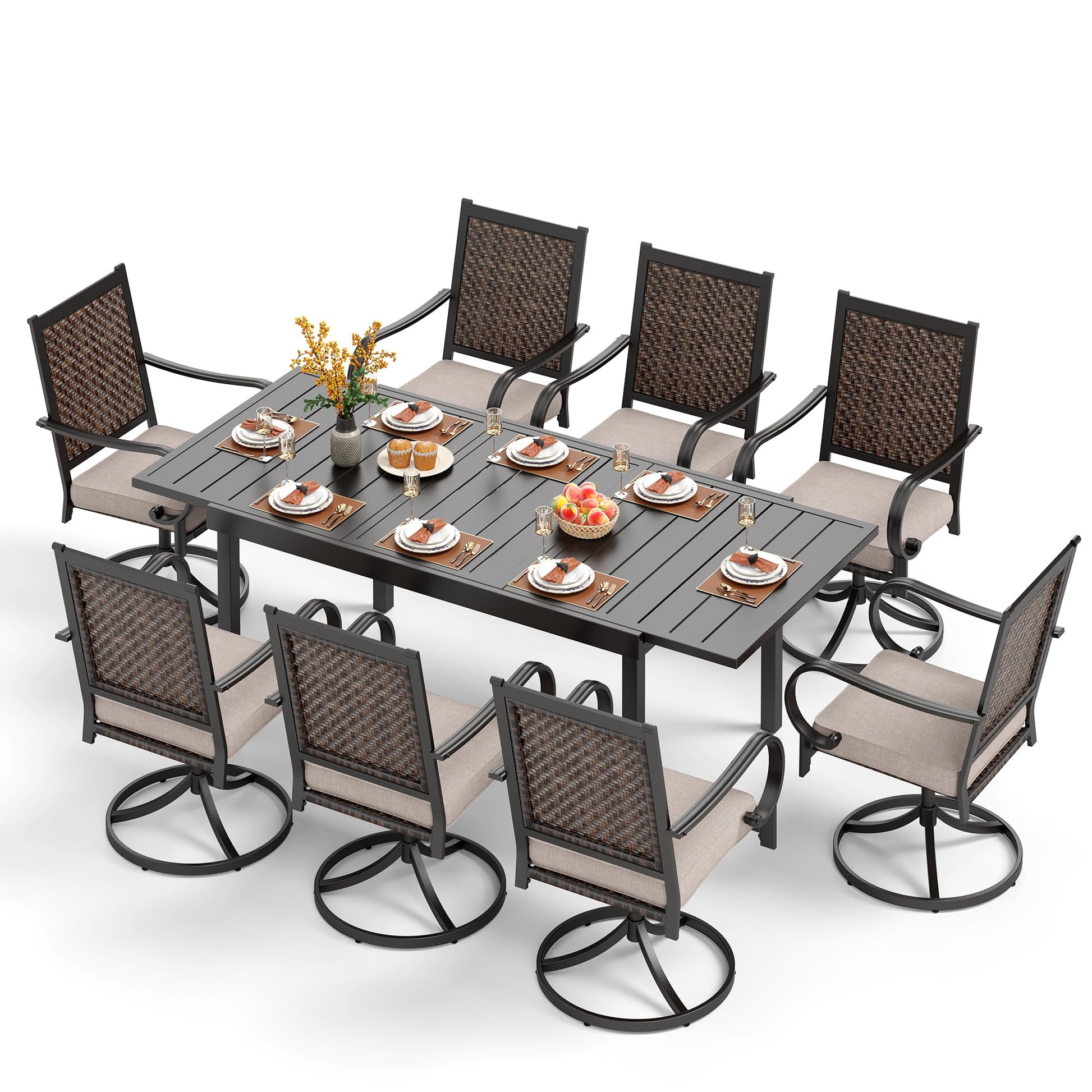 PHI VILLA 9 Pieces Wicker Furniture Dining Set Patio Expandable Dining Table Set of 9 Rattan Swivel Dining Chairs with Cushion for Outdoor Bistro(9 Pieces) - WoodArtSupply