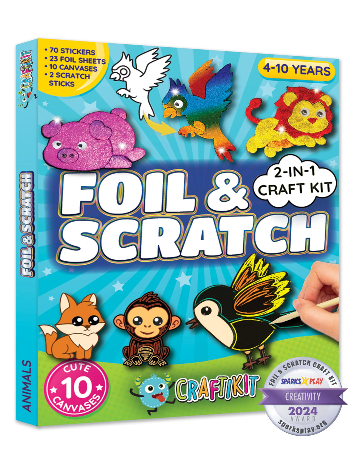 Craftikit ® Award-Winning Foil Art & Rainbow Scratch Art for Kids - 2-in-1 Arts and Crafts Kit for Kids Ages 4-10 - Animal Theme for Girls, Boys & Toddlers Ages 4, 5, 6, 7, 8, 9, 10 Craftikit