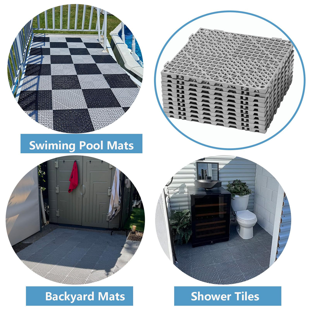 12” x 12” Drainage Interlocking Floor Tiles, 12 Pack Non-Slip Pool Deck Drain Tiles for Flooring, Soft PVC Splicing Modular Cushion Mats, Rubber Floor Tiles with Holes for Shower Basement Garage Shed EVANCENT