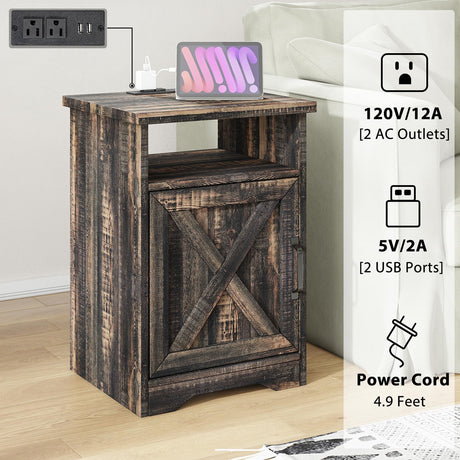 AMERLIFE 5-Piece Farmhouse Table Set Includes Fireplace TV Stand, Coffee Table& Two End Tables with Charging Station and USB Ports, for Living Room, Dark Oak, 63" AMERLIFE