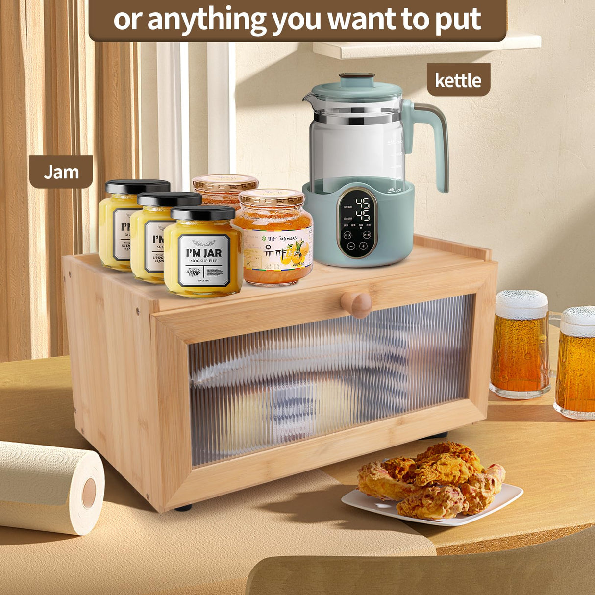 LEIMO KPARTS Bread Storage Farmhouse Bread Box For Kitchen Countertop,Single Layer Bamboo Wooden BreadBox Large Capacity Bin Bread Holder For Kitchen Counter Bread Container LEIMO KPARTS