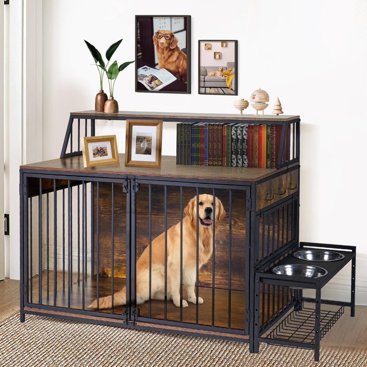 LitaiL Large Dog Crate Furniture with Elevated Dog Bowls, 39 Inch Wooden Dog Kennel with 3 Doors & 2-Layer Storage Shelves, Anti-Chew Heavy Duty Dog Cage for Dogs up to 70lb, Rustic Brown - WoodArtSupply