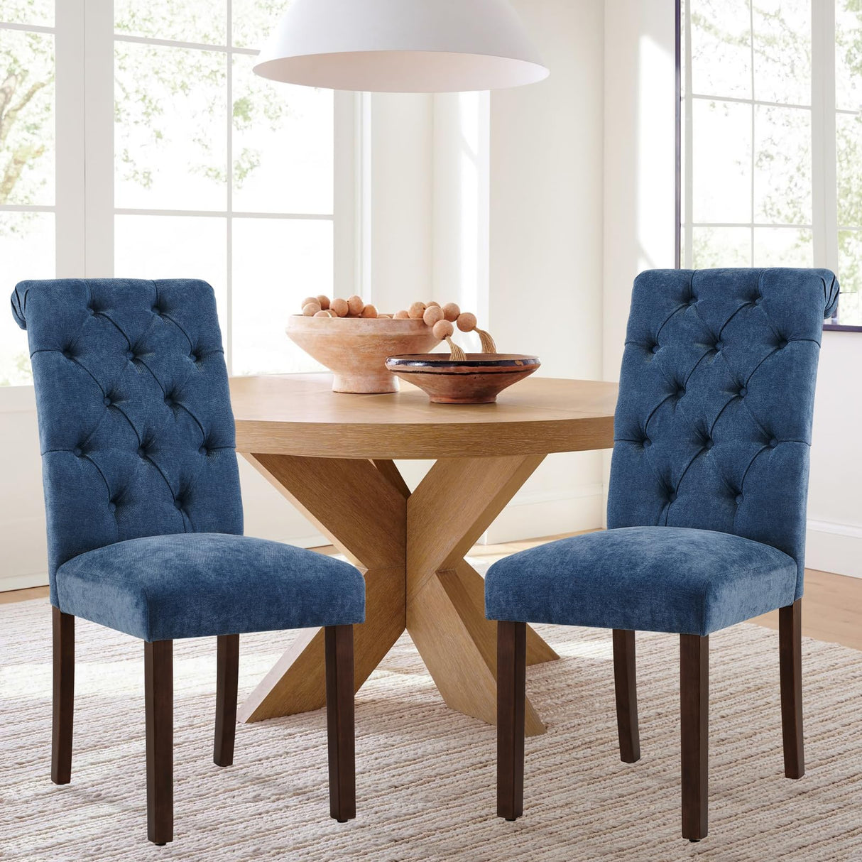 COLAMY Button Tufted Dining Chairs Set of 4, Parsons Upholstered Fabric Dining Room Chairs Kitchen Chairs with Wood Legs and Padded Seat, Blue COLAMY