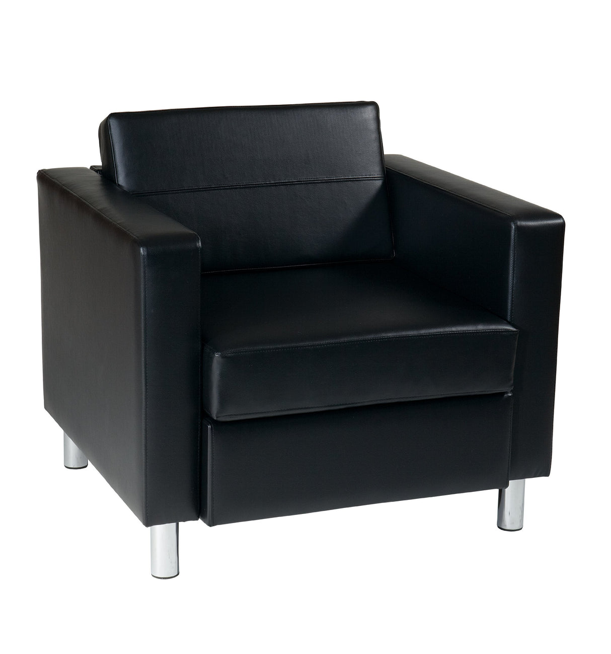 OSP Home Furnishings Pacific Armchair with Padded Box Spring Seats and Silver Finish Legs, Black Vinyl Office Star Products