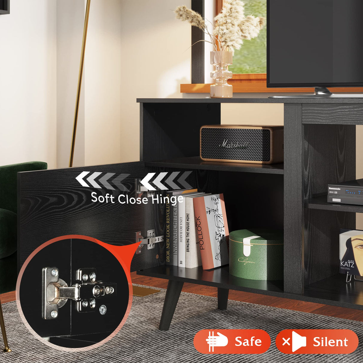 WLIVE TV Stand for 65 Inch TV, 58 inch Entertainment Center with 2 Storage Cabinets, Media Console for Living Room, Bedroom and Office, Black WLIVE