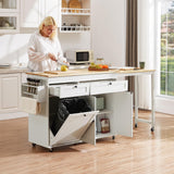 ONBRILL Kitchen Islands with Extendable Dining Table, 81.7" Mobile Kitchen Storage Islands, Rolling Kitchen Cart with Trash Cabinet, Power Outlet, Spice Rack & Towel Rack (White) ONBRILL