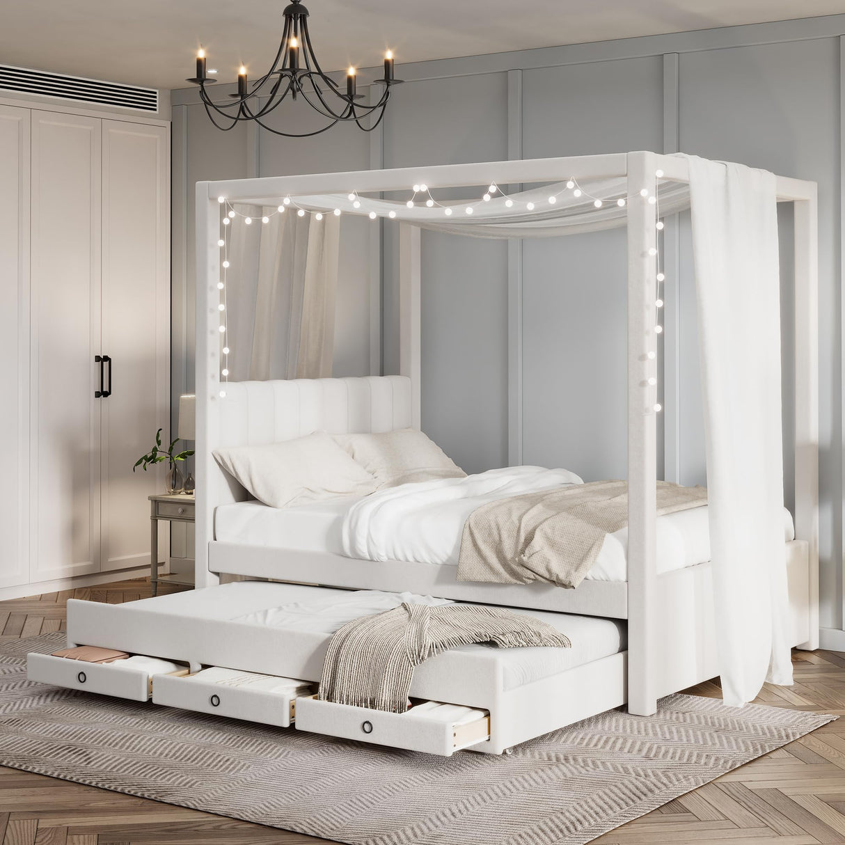 THINK 30 Full Size White Upholstery Canopy Platform Bed with Trundle and Three Storage Drawers,Slat Support Leg, Full Canopy Roof Bed Frame for Bedroom, No Spring Box Needed (Full) THINK 30