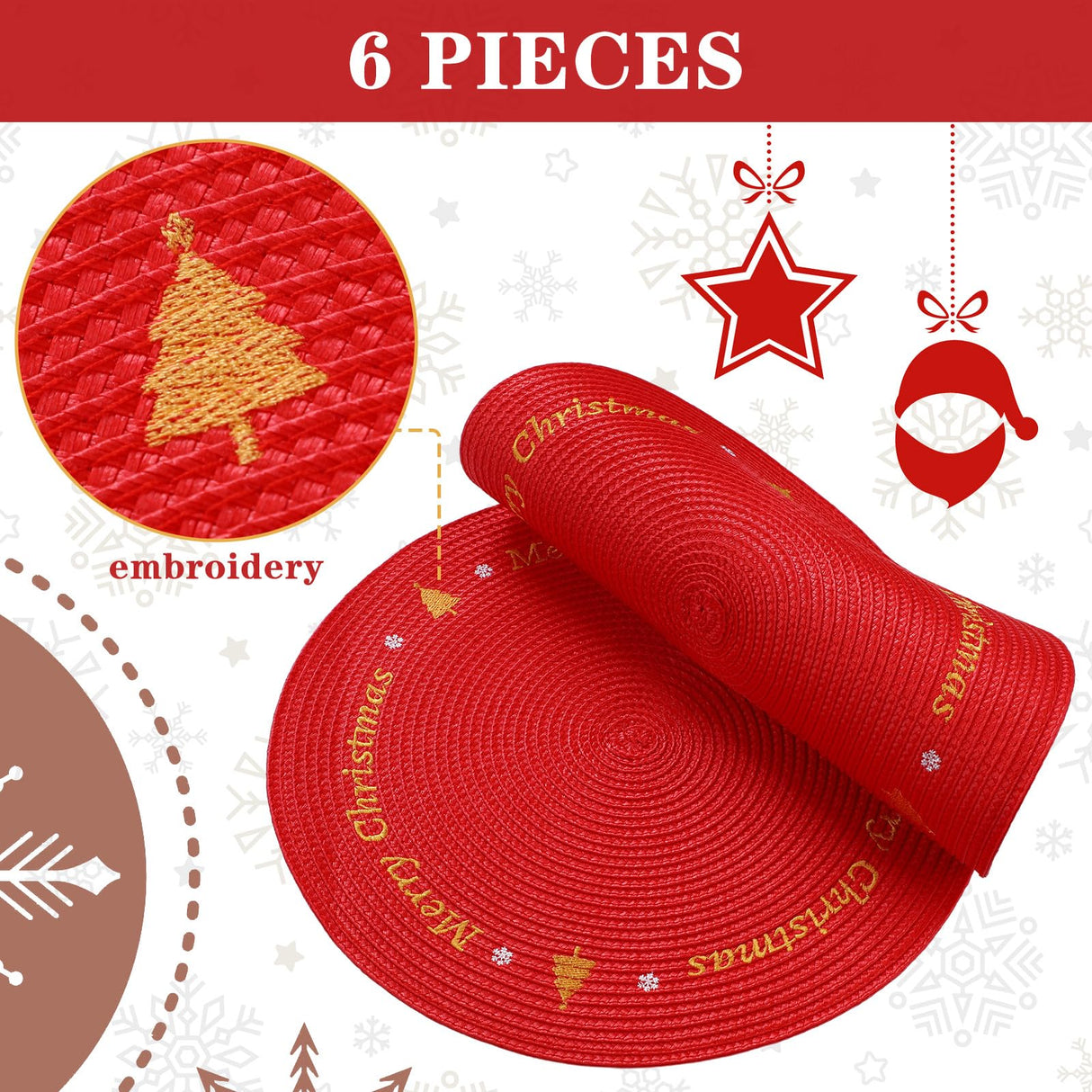 Tioncy 6 Pcs Plastic Christmas Placemats Round Snowflake Red Placemats 13.4 Inch Winter Xmas Tree Table Mat Washable Place Mat for Christmas Party Holiday Kitchen Dining Table Tioncy