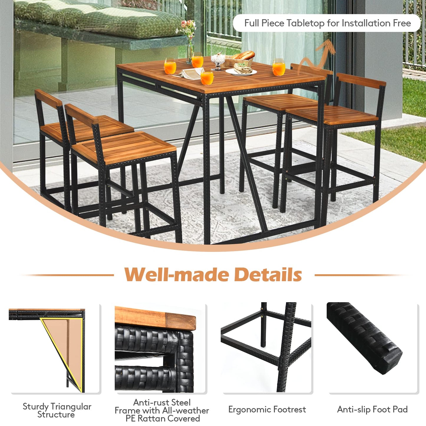 Tangkula 5-Piece Black Acacia Wood Bar Table Set with Rattan Stools and Umbrella Hole for Outdoor Spaces