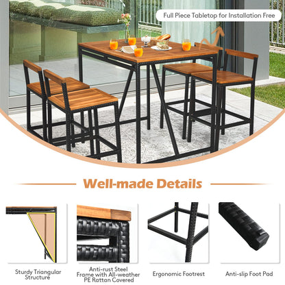 Tangkula 5-Piece Black Acacia Wood Bar Table Set with Rattan Stools and Umbrella Hole for Outdoor Spaces