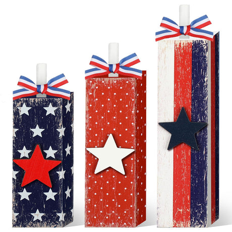 Seeloowy 3 Pcs Patriotic Wooden Block Sign Memorial Day Decorations 4th of July Table Decor Red White Blue Tabletop Centerpieces Independence Day Tiered Tray Decor for Home Shelf(Vintage Style) Seeloowy