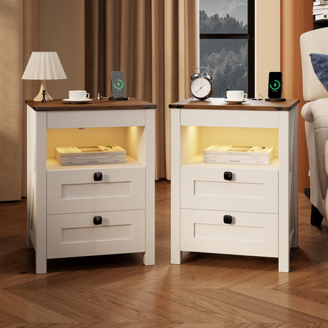 TAGELIER Night Stand Set 2 with Gun Drawer, Farmhouse Bedside Table with Charging Station, Gun Nightstand with LED Light & Human Sensor, Smart End Table for Bedroom, Antique White TAGELIER
