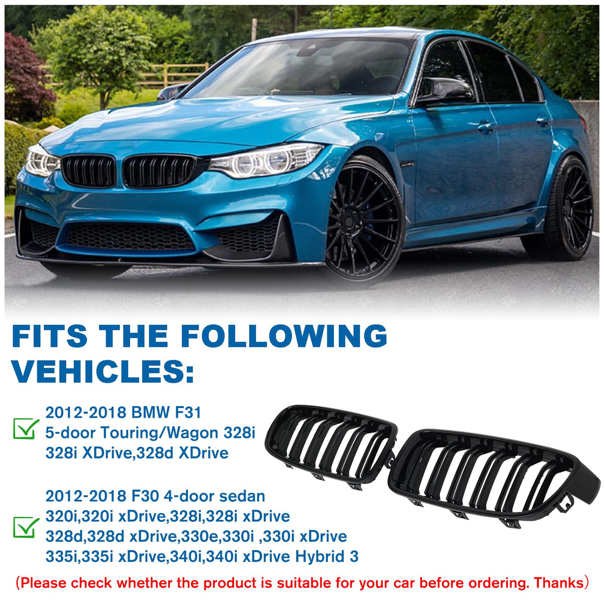 BILLDIO F30 Grille - Front Kidney Grille Double Slats Glossy Black Compatible with 2012-2018 BMW 3 series F30 F31 320i 328i 328d 330e 330i 335i 340i 328i,BMW F30 Black Kidney Grille BILLDIO