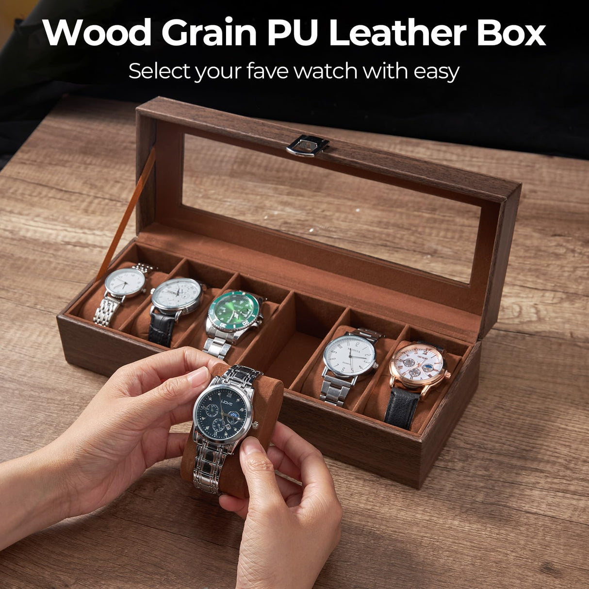 Ohuhu Watch Case, Watch Organizer for Men Wood Grain PU Leather - 6 Slot Watch Holder Real Glass Lid Jewelry Organizer Storage Soft Velvet Watch Display Case for Women Men Birthday Fathers Day Ohuhu