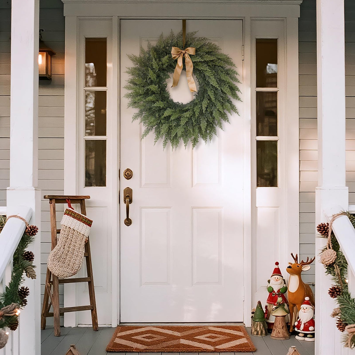 24" Real Touch Artificial Cedar Wreath - Faux Christmas Wreaths for Front Door,Faux Pine Green Wreath for Home, Holiday, Fireplace, Mantle,Wall, Windows, Xmas, Outdoor Decoration FOTEEWL