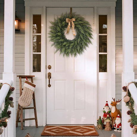 24" Real Touch Artificial Cedar Wreath - Faux Christmas Wreaths for Front Door,Faux Pine Green Wreath for Home, Holiday, Fireplace, Mantle,Wall, Windows, Xmas, Outdoor Decoration FOTEEWL